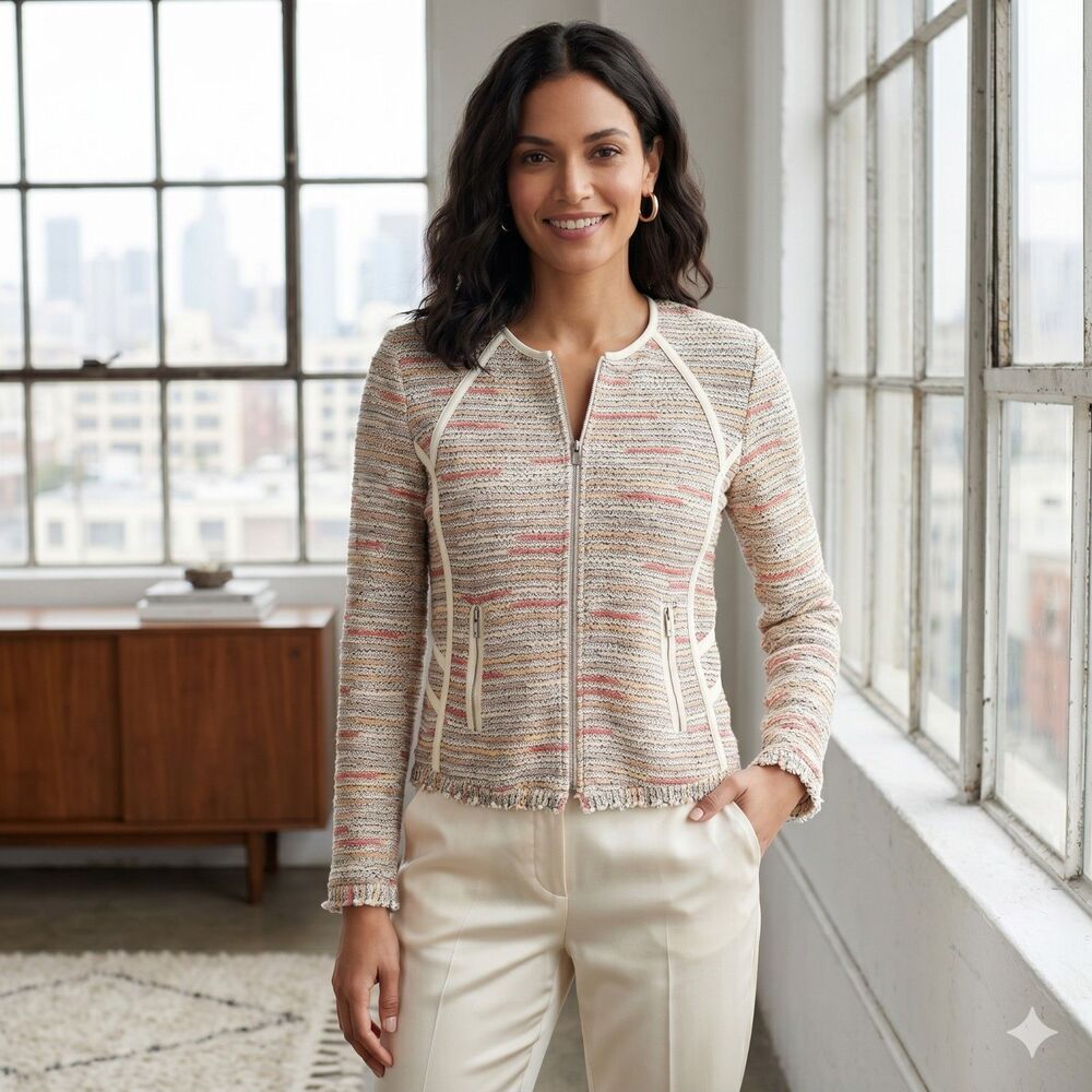 Nic+Zoe Boucle Zip Front Moto Jacket Faux Leather Trim Petite PP